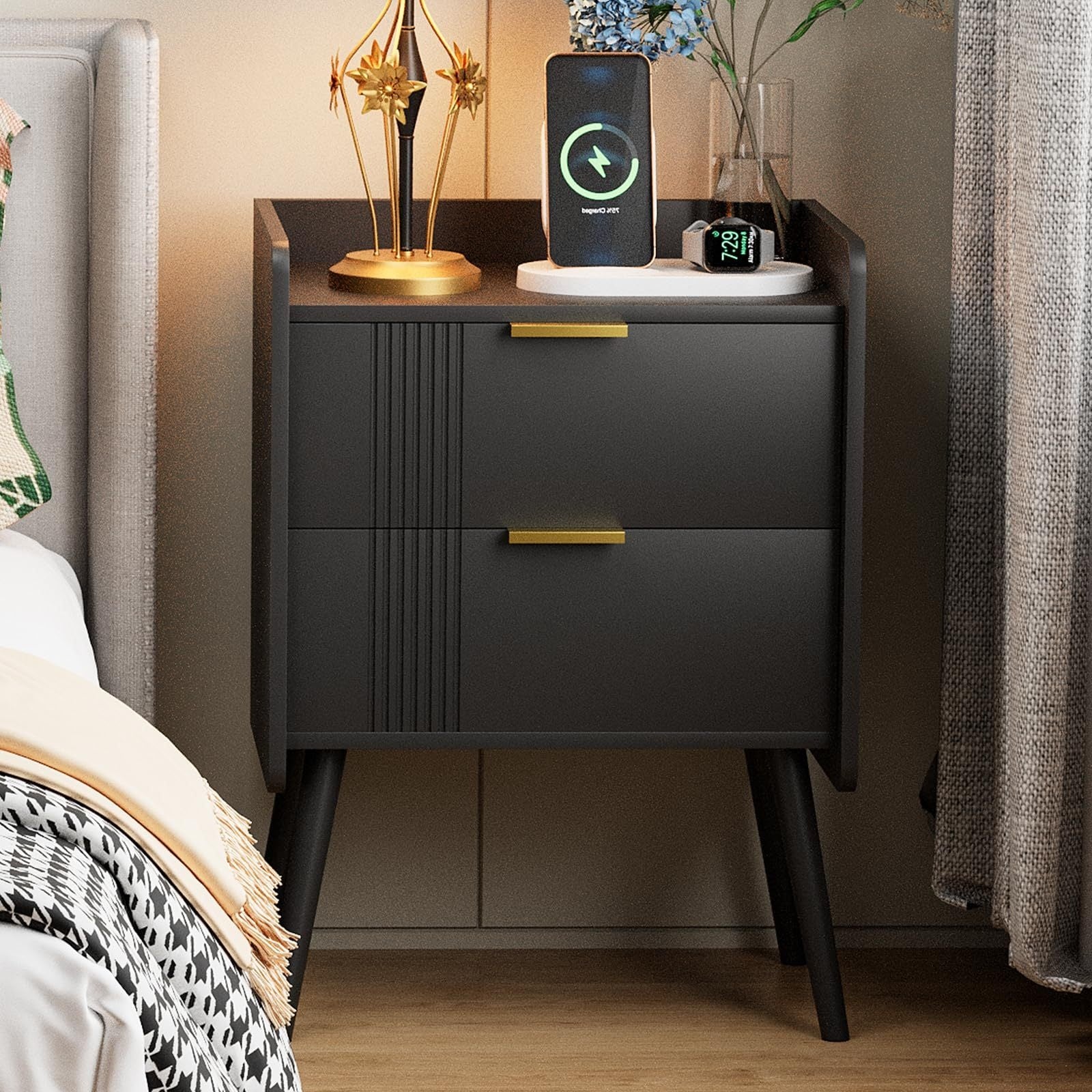Modern Nightstand With 2 Storage Drawers Wooden Sofa Side Table Black